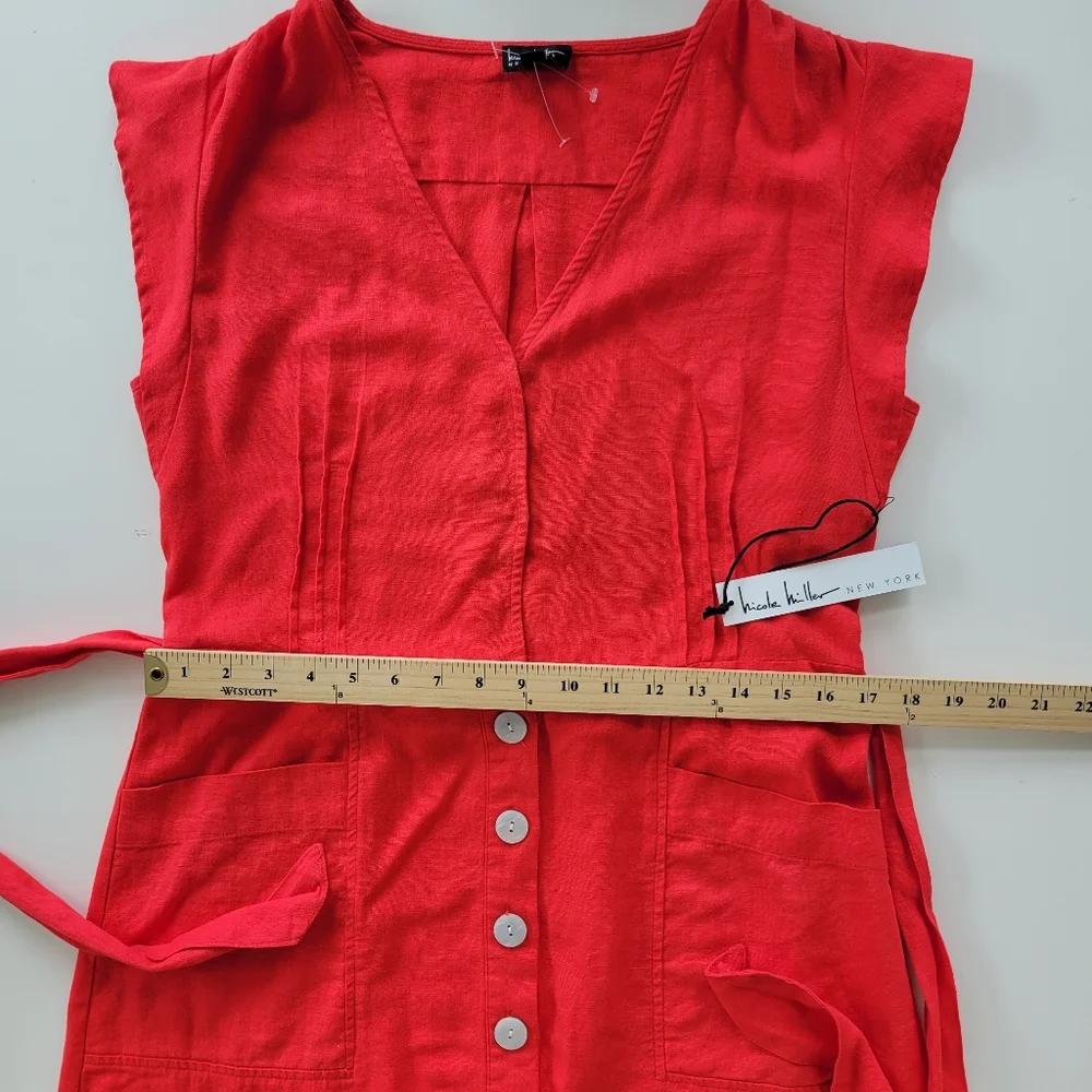 Nicole Miller | NWT Linen Blend Button Up Mini Dress Red Size M - Picture 7 of 10